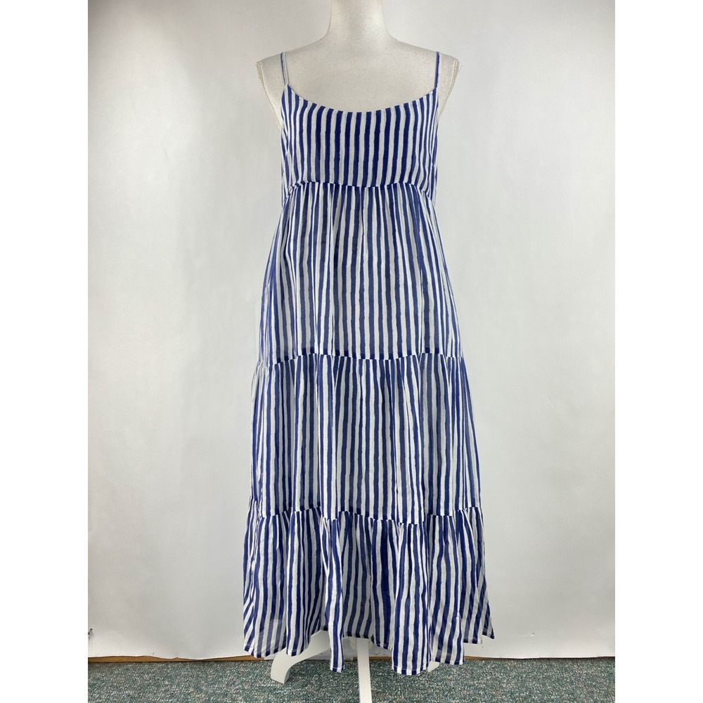 Oliphant Tie Strap Pocket Midi Dress Womens M Blue Poplin Silk Blend Tiered